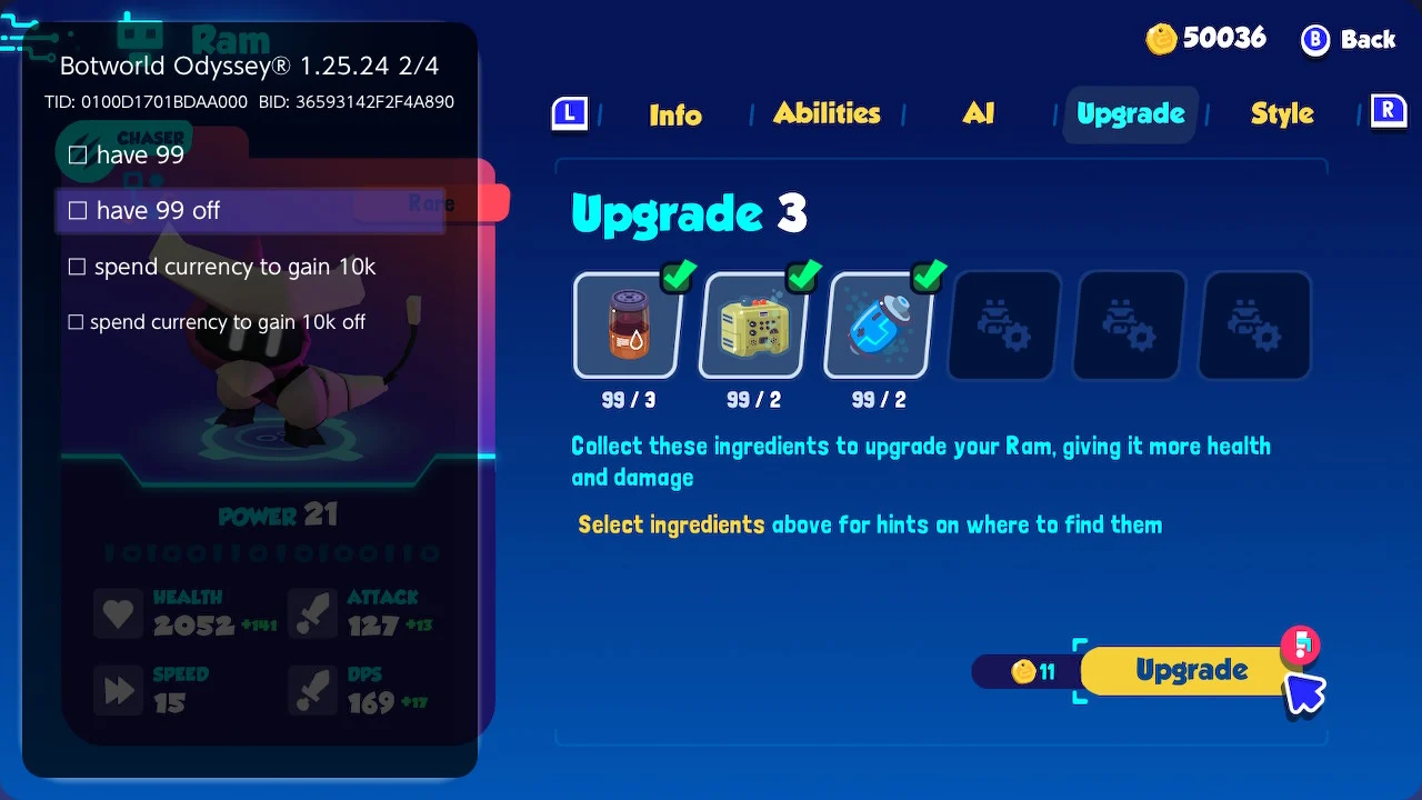 switch《机器人世界 奥德赛 Botworld Odyssey》V1.25.15+v1.25.24金手指